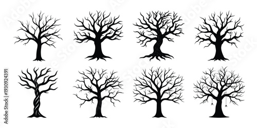 Collection of  eight bare trees in various silhouette styles