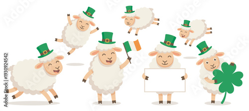 Adorable cartoon sheep characters wearing green leprechaun hats are joyfully celebrating St. Patrick's Day with Irish flags and lucky shamrocks.
