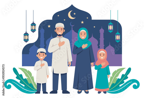 Muslim family standing together happily celebrating religious holiday with mosque silhouettes and decorative lanterns under a crescent moon.