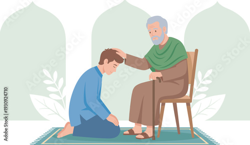 Young man receives blessing from wise old mentor, showing respect and intergenerational guidance in a spiritual setting.