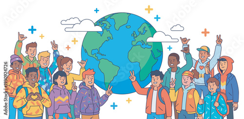 Diverse young people from different cultures gather around a globe, symbolizing global unity, friendship, and positive connections.