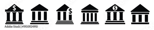 Collection of bank building icons representing financial institutions and money symbols