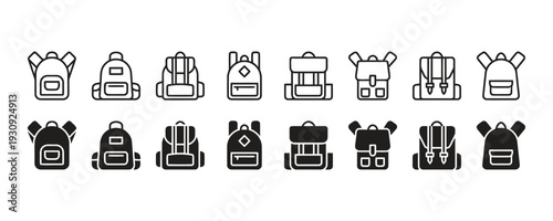 Collection of backpack icons in outline and filled styles vector illustration