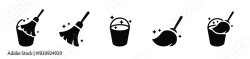 Collection of cleaning icons with brooms, buckets, and sparkling effects