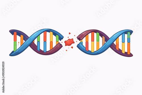 Broken DNA strand illustration symbolizing genetic mutation or damage