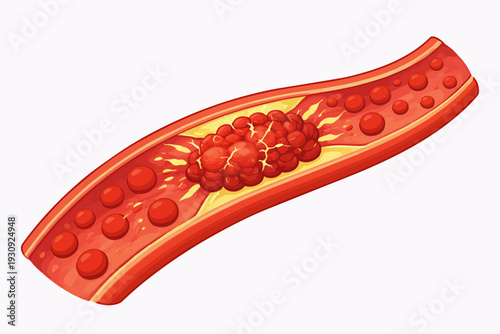 Illustration of a blood clot forming inside a human artery with red blood cells flowing