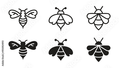 Collection of bee icons, line art and silhouette variations for versatile design use