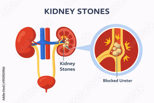 Diagram illustrating kidney stones and a blocked ureter with pain indicators