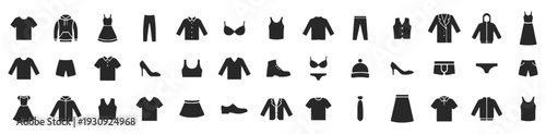 Collection of clothing icons representing fashion and apparel for men and women including dresses shirts and pants