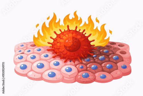 Aggressive red virus cell with spikes engulfed in flames on a layer of cells