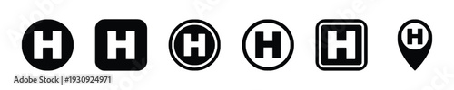 Collection of black and white hospital and location icons representing healthcare and navigation