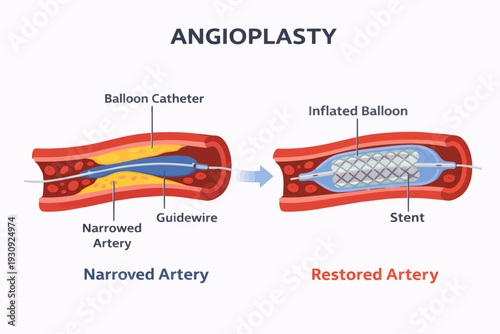 Angioplasty procedure showing narrowed artery before and restored artery after treatment