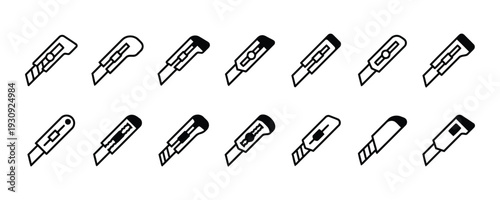 Collection of cutter icons, various designs for office supplies and craft tools