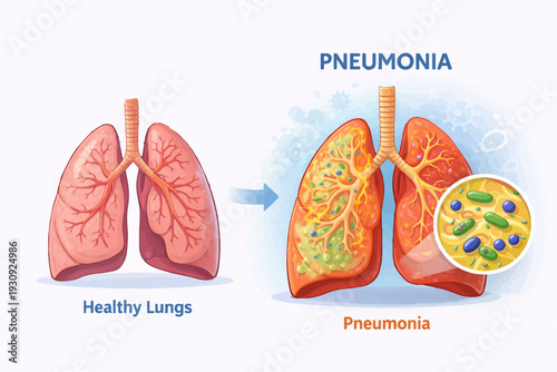 Illustration comparing healthy lungs to lungs affected by pneumonia and showing bacteria