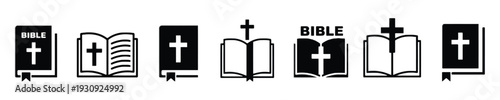 Collection of black bible icons on white background