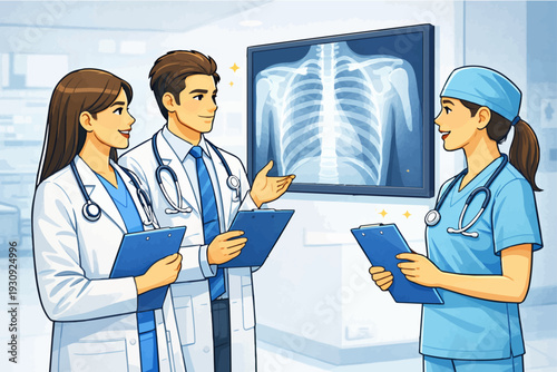 Medical team discusses patient diagnosis with X-ray scan in hospital setting