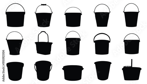 Collection of black silhouette buckets and pails for carrying liquid and other items
