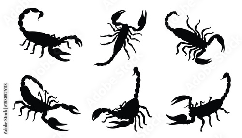 Collection of black scorpion silhouettes on a white background