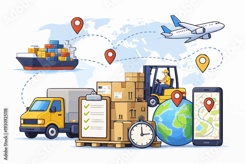 Global logistics and supply chain management with various transportation methods and tracking