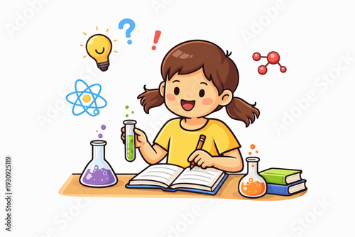 Young girl enthusiastically conducting a science experiment with colorful liquids and lab equipment