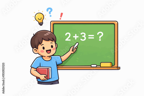 Cute cartoon boy holding book and chalk teaching math equation on blackboard