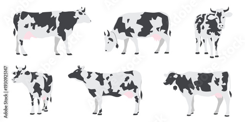 collection of farm cows with black and white spots on white background vector art