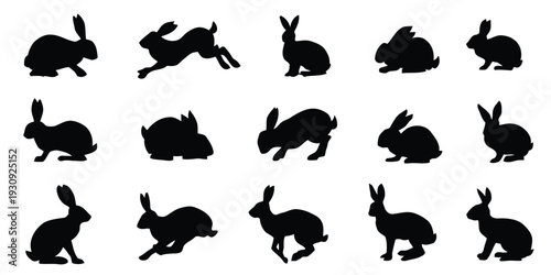 Collection of fifteen bunny rabbit silhouettes in various action poses