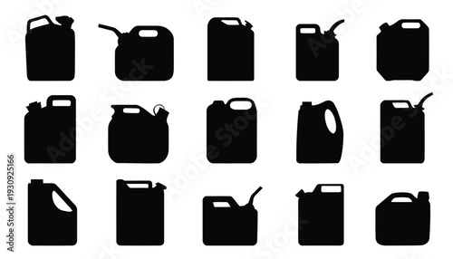 Collection of black silhouette jerrycans and fuel containers of various shapes