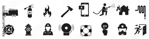 Collection of firefighter emergency rescue equipment and symbols