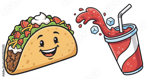 Happy cartoon taco and refreshing soda drink illustration featuring a smiling character and a splashing beverage.