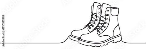 Pair of sturdy combat boots drawn in a minimalist continuous line art style, symbolizing resilience and readiness for adventure.