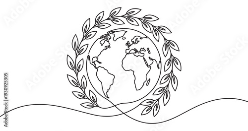 Earth globe laurel wreath continuous line drawing representing global peace, environmental protection, and sustainable future for humanity.