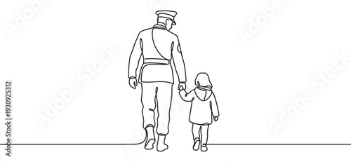 Uniformed person and child walking hand in hand in a continuous line drawing, symbolizing family, protection, and an unbreakable bond.