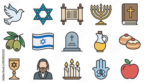 Religious symbols icons collection featuring diverse faith elements and cultural representations in a vector illustration.