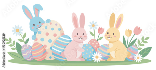 Three adorable cartoon bunnies and colorful Easter eggs are happily celebrating the arrival of spring with blooming flowers.