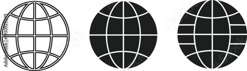 Set of three minimalist black and white globe planet earth icons with grid lines representing global communication network worldwide web connection and international business logistics