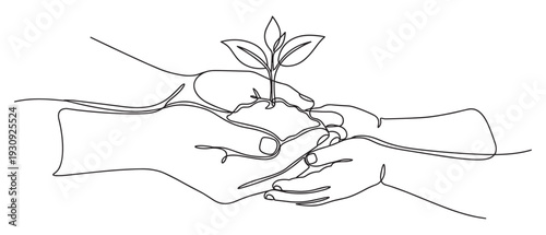 Two hands holding a small plant seedling symbolizing growth, care, and environmental protection in a continuous line art drawing.