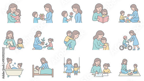 Mother and children engaging in various loving daily activities, illustrating the beautiful bond of family life and parental care.