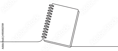 Continuous line drawing of a spiral bound notebook, a minimalist illustration representing education, creativity, and organization.