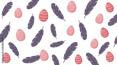Feathers and eggs create a delightful seamless pattern, perfect for spring holidays, festive designs, and seasonal decorations.