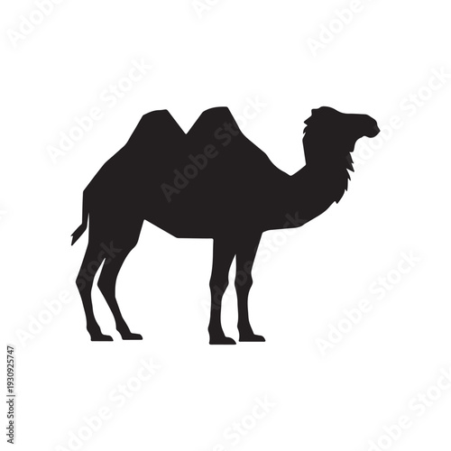 A solid black silhouette of a dromedary camel with two humps standing on a white background