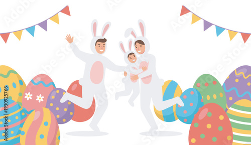 Joyful family in bunny costumes celebrating Easter together amidst a vibrant display of decorated eggs and festive flags.