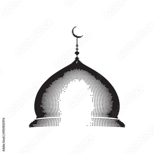 Dotted silhouette of a mosque dome with a crescent moon and finial on a white background, rendered in halftone style Keywords