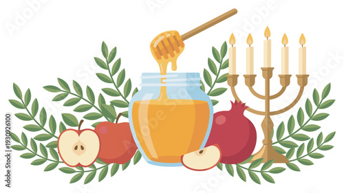 Honey, apples, pomegranates, and menorah symbolize the Jewish New Year celebration, representing tradition, sweetness, and blessings.