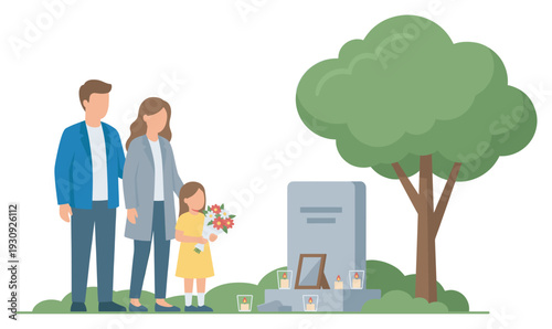 Family visiting grave with flowers and candles, standing together in a serene cemetery setting to honor a deceased loved one.