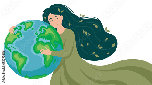 Woman gently hugs the Earth with a loving and protective embrace, symbolizing environmental care and global sustainability.
