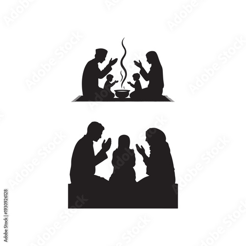 Muslim family praying together around a bowl of food prayer children