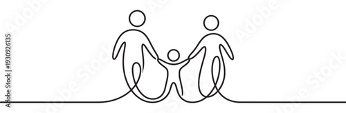 Continuous line drawing family figures holding hands representing unity, love, and togetherness in a minimalist and symbolic illustration.