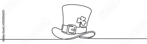 Leprechaun hat continuous line drawing featuring a shamrock and buckle, perfect for St. Patrick's Day festivities.