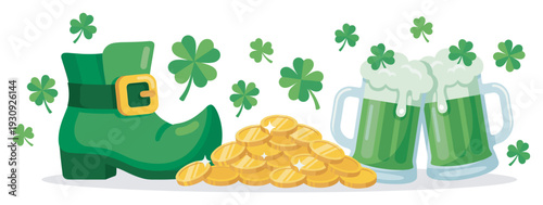 St. Patrick's Day celebration elements including leprechaun boot, gold coins, and green beer mugs with shamrocks.